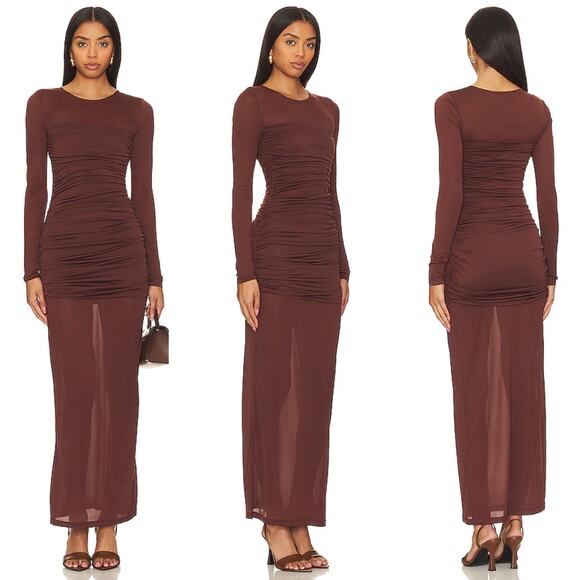 L'Academie | NWT Alma Dress in Brown Long Sleeve Slinky Jersey Bodycon Maxi M - Picture 1 of 13